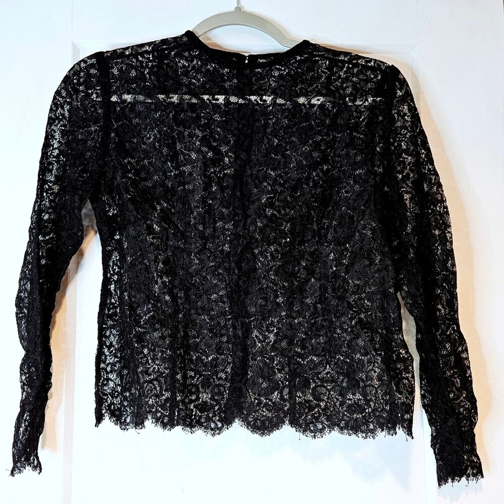 Black Sheer Lace Goth Blouse Back Zip Snap Cuffs Scalloped Hem